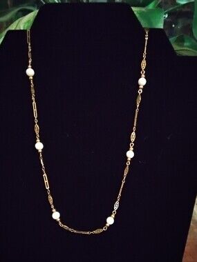 Monet Stamped Vintage Chain Necklace with White Beads